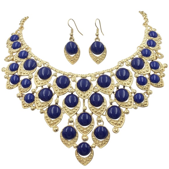 Navy Dark Blue Chunky Dot Bib Statement Necklace Earrings Set - Picture 1 of 3